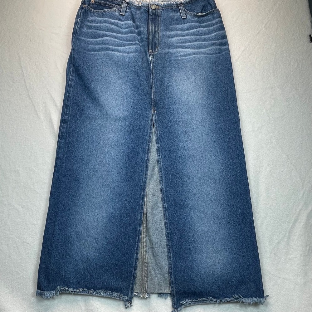 Y2K Rave R4R Jeans Denim Maxi VTG Skirt Womens‎ L Blue Frayed Hem Front Slit 90s